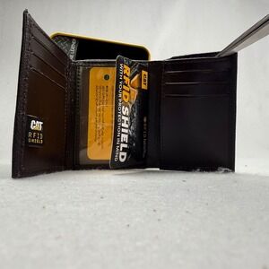 CAT Caterpillar RFID Shield Trifold‎ Brown Leather Wallet Men Metal Gift Box NEW